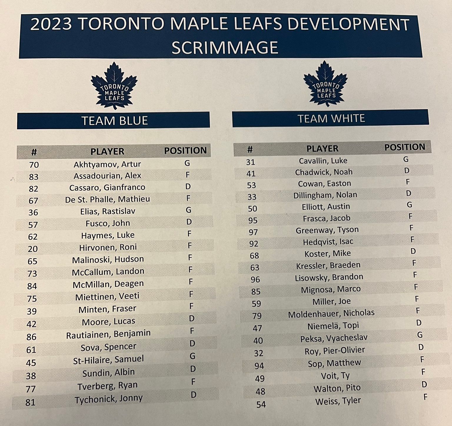 the Training Camp Roster - Toronto Maple Leafs